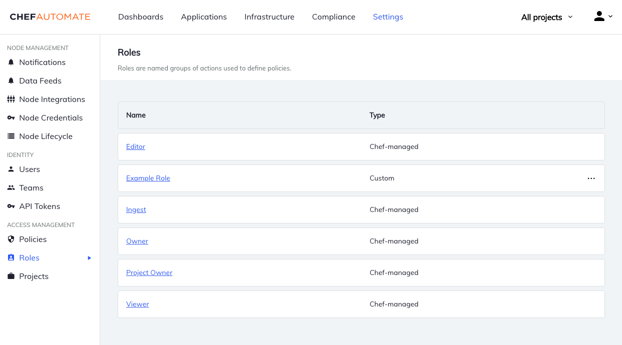 Chef Automate settings roles page